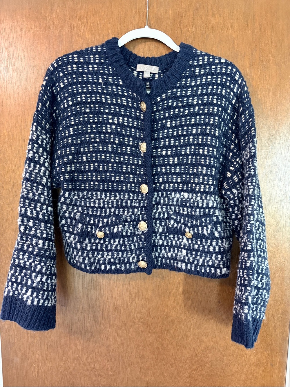 J. Crew Navy and White Button-Front Knit Cardigan